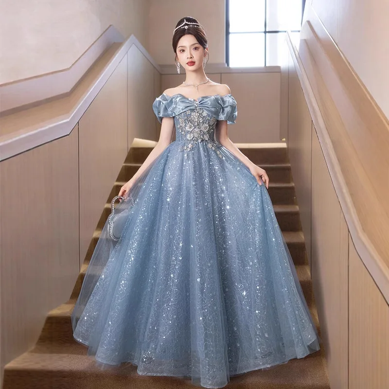 

Off Shoulder Blue Tulle Evening Dress For Women Exquisite Beading Sparkle Prom Gown A-line Backless Formal Banquet Dresses