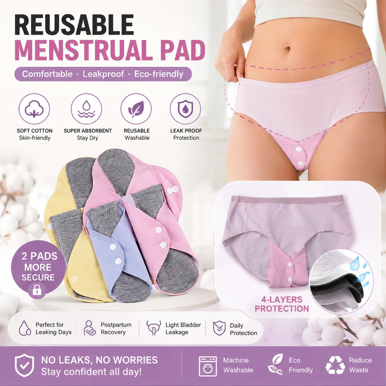 5PCS Reusable Cotton Period Panties Washable Leak Proof Incontinence Underwear Feminine Hygiene Briefs