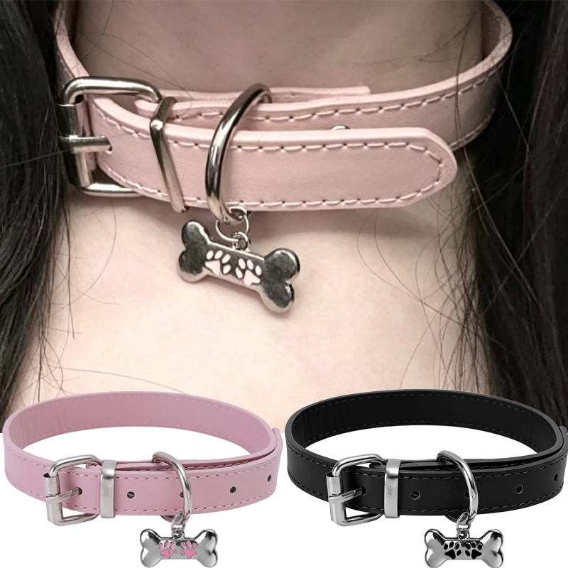 Y2K Pink Leather Dog Claw Bone Punk Trendy Necklace for Wome
