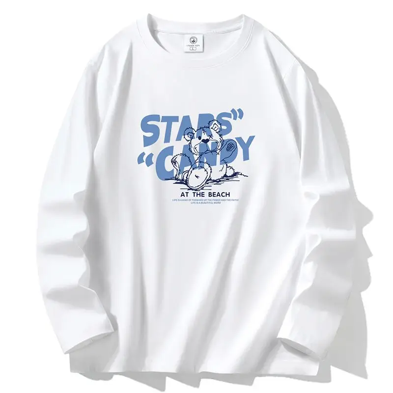 New Men's Long Sleeve T-Shirt Casual Print Polyester Fiber Regular Fit Bottoming Top for Teenagers Students Large Size Versatile