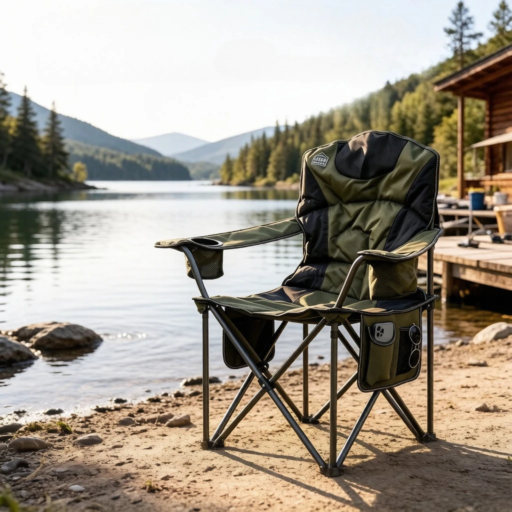 Padded Director Folding Chair with Armrests & Cooler Bag, Portable Beach Fishing Camping Stool, Breathable Stable Strong Load