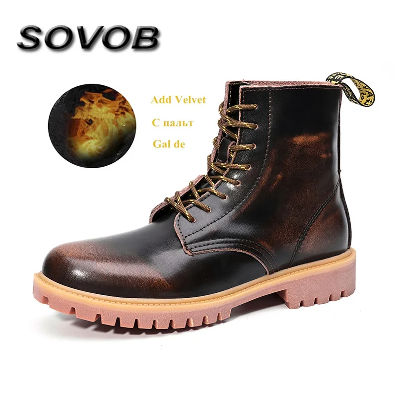 

new arrivals fur winter boots women Big Size 37-47 lace-up brown Men's Ankle boots comfortable Leather boots Men botas masculino