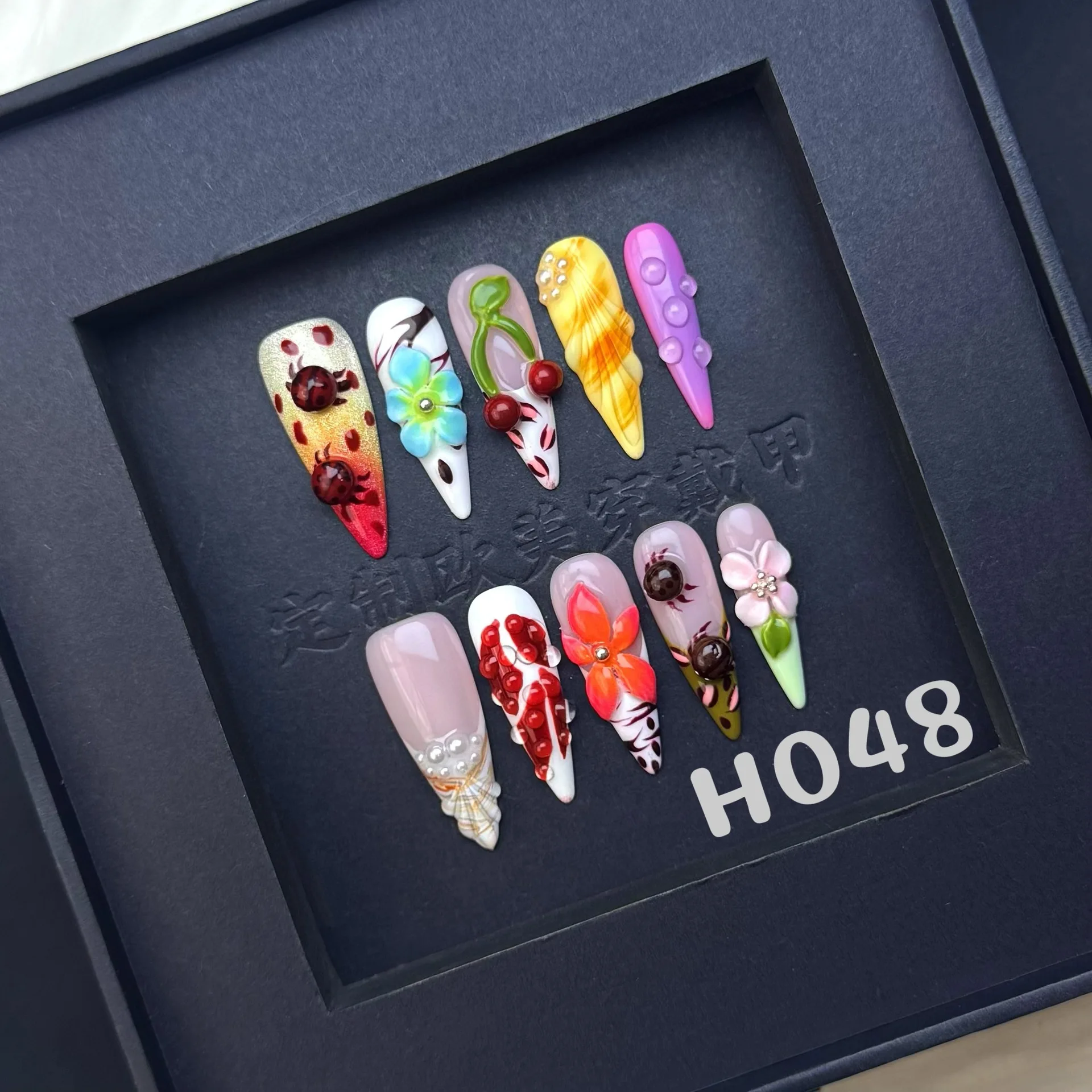 

10pcs Almond Handmade Press on Nails Art Summer Beach Candy Flower Design False Nail Tips with Pearl Starfish Fake Nail Reusable