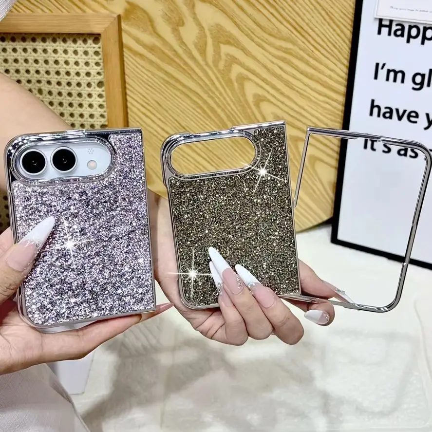 Luxury Bling Bling Full Glitter Sequins Phone Case for iPhone Duo Elegant Polished Electroplated Frame Flip Protective Cover