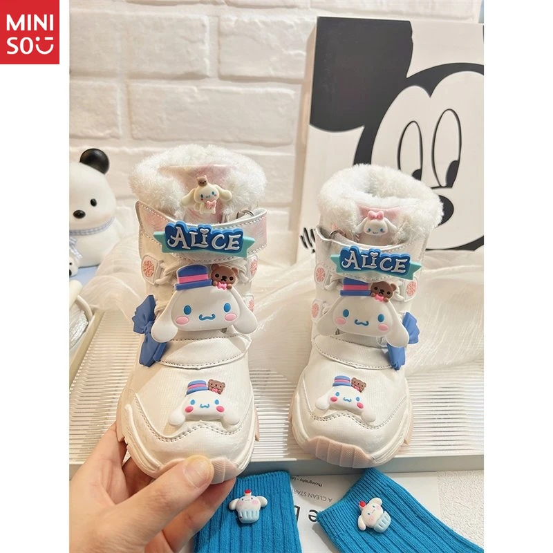 أحذية الثلوج من الفرو الصناعي للفتيات من Miniso - أحذية شتوية جلدية على طراز الأميرة، مبطنة بالقطيفة ودافئة لعام 2025