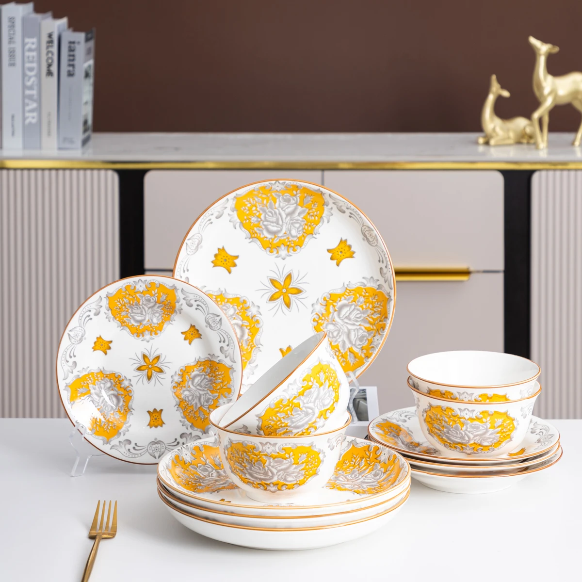 

12 Pieces Yellow Ceramic Bowls and Plates Creative Porcelain Dinnerware Set with Bowl & Soup Plate & Fruit Plate Full Set