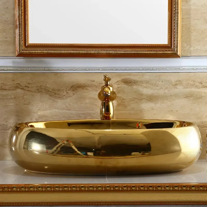 Hot Sale Ceramic Acrylic Stone Gold Color Wash Basin Golden Sink Bathroom Washbasin Price