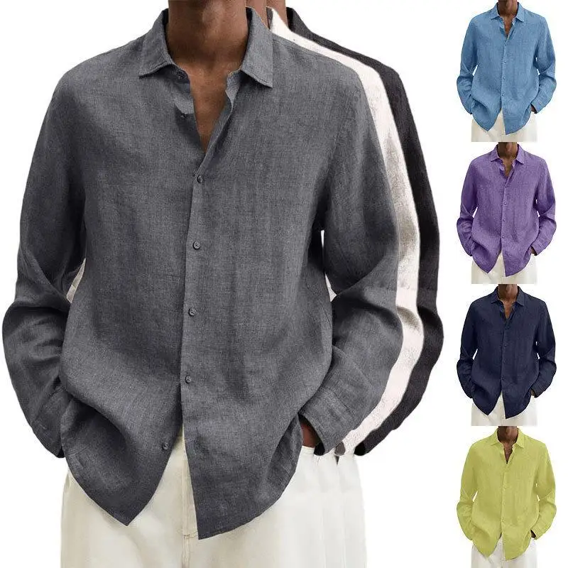 

Men's Long Sleeve Cotton Linen Shirt Collared Comfortable Breathable Casual Fashionable Versatile Inner Wear Summer Shirt