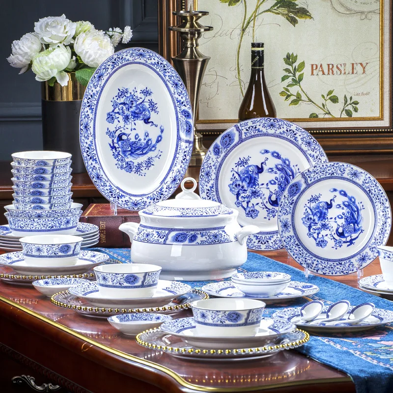 60 pieces of Chinese blue and white glazed bone china tableware set, Jingdezhen ceramic bowls, plates, and dishes set