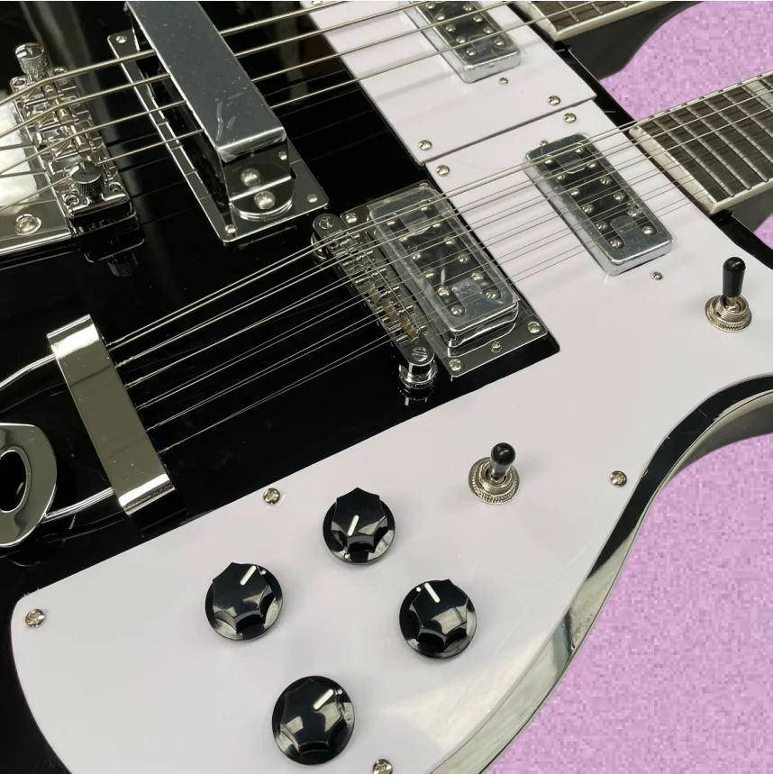 4+12 Black Dual-Head Electric Bass Guitar,White pickguard and Black Knobs Guitars,One-Touch Switching Between Bass and Guitarra