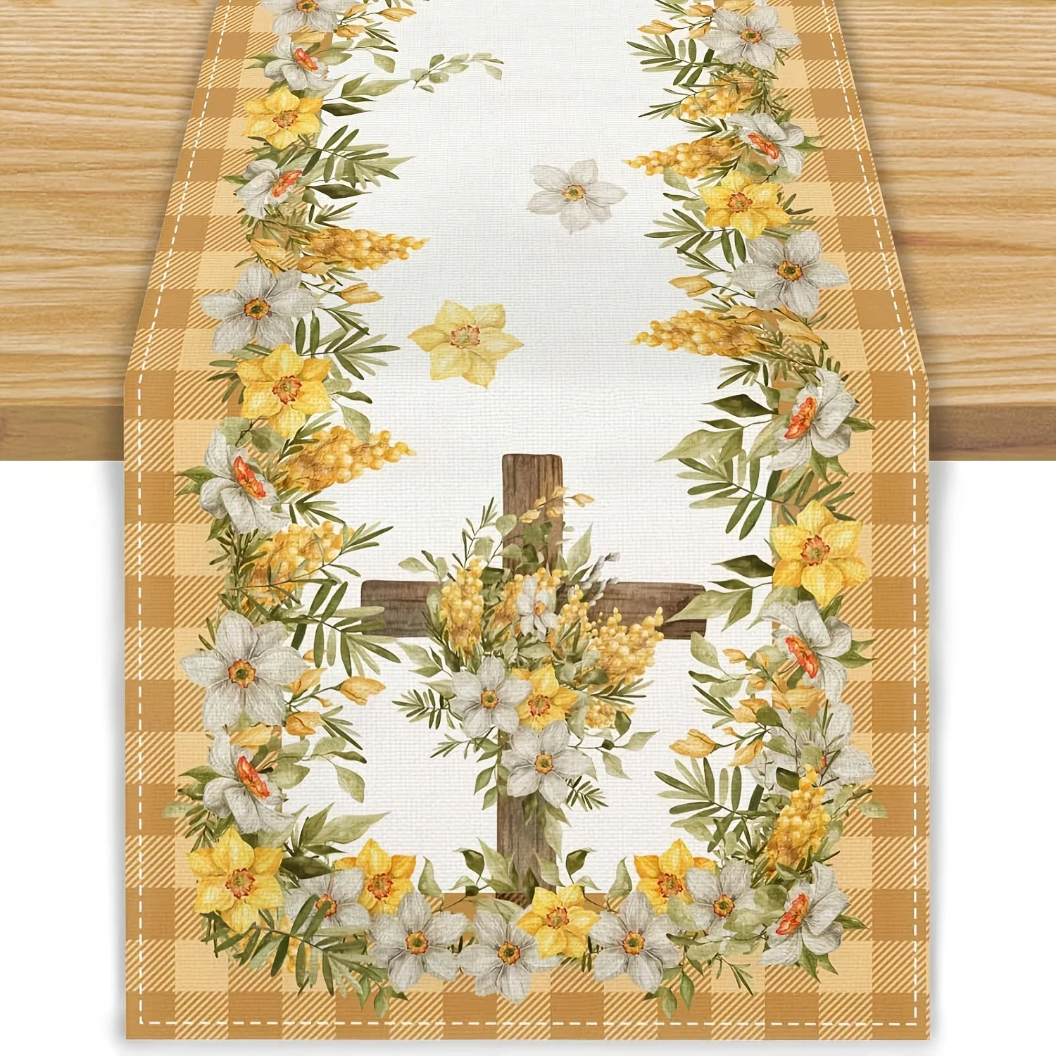 Easter Linen Table Runner - Buffalo Plaid Daffodil Cross Rel