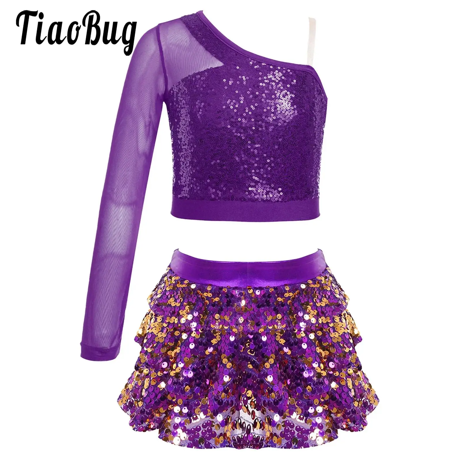 

Kids Girls Dance Dresses Latin Jazz Modern Dance Show Costume Sequin Long Sleeve Crop Tops and Skirted Culottes Cheer Dancewear