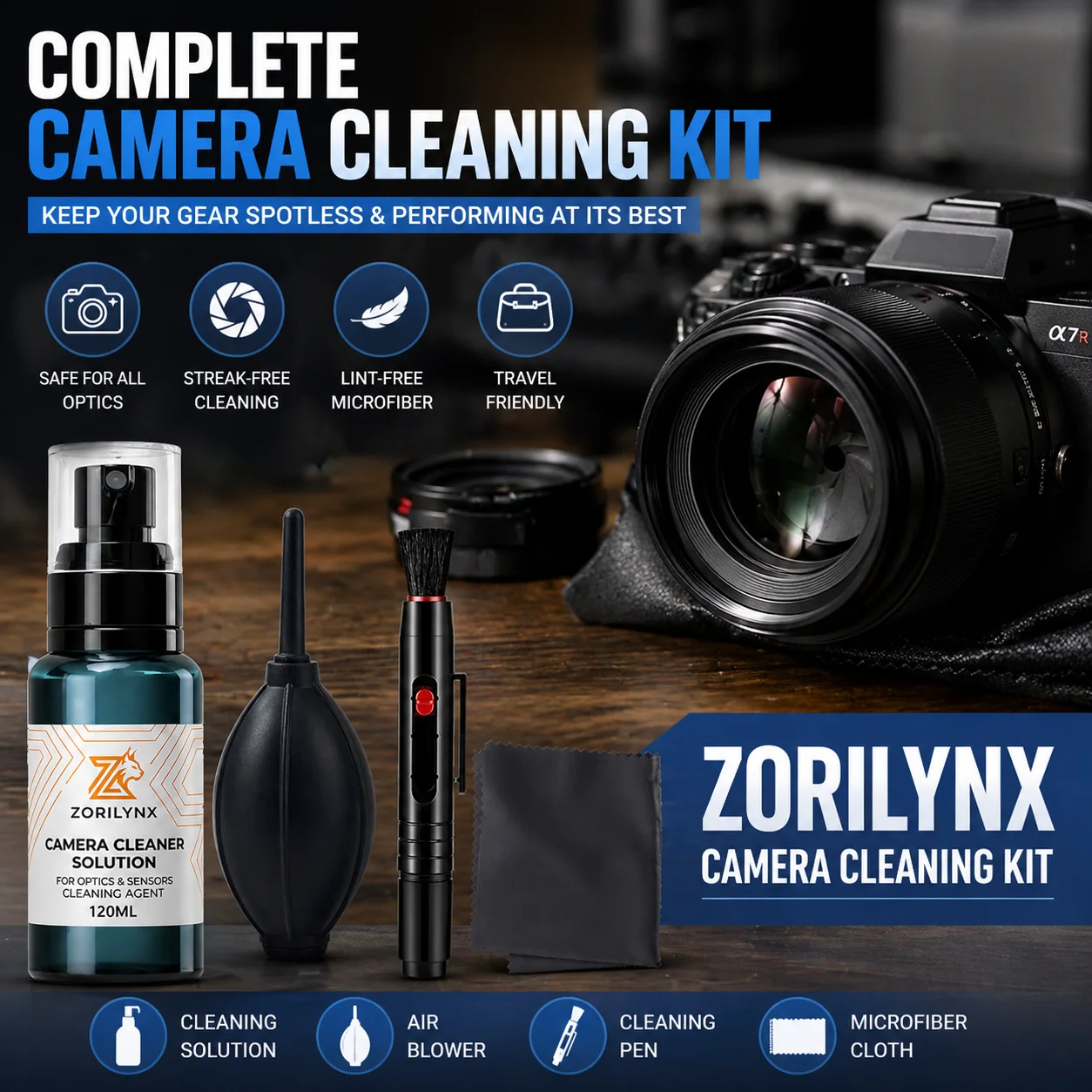 Kit di Pulizia per Fotocamera, Liquido Detergente per Lenti, Soffiatore d'Aria Professionale, Penna di Pulizia, Panno in Microfibra per Sensori DSLR, Schermi e Occhiali
