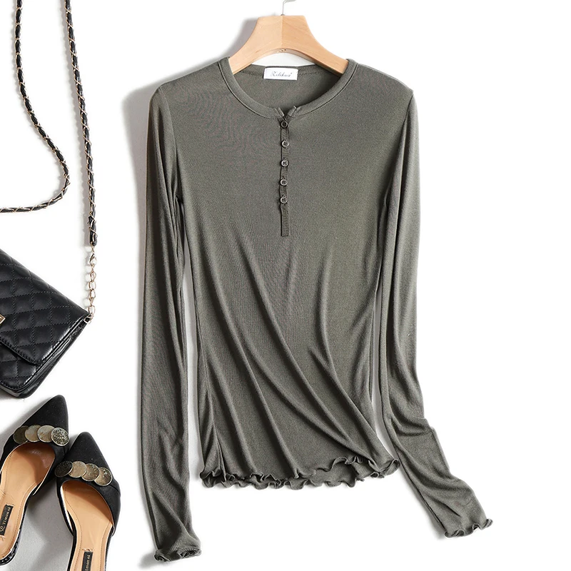 

Cotton Knitted Deep V-Neck Slim Tops Sexy T shirt Front Button Ruffles Long Sleeve Autumn Elegant Women T-shirt See Through