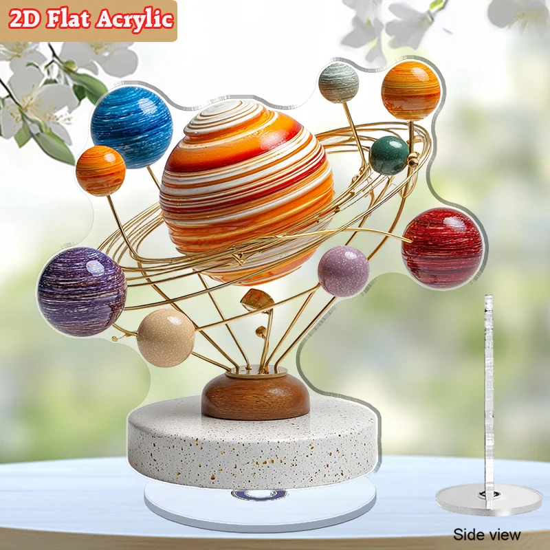 2D Flat, Two-dimensional Acrylic Desktop Ornament Featuring a Rotating Two-dimensional Plane, Depicting a Vibrant Solar System.