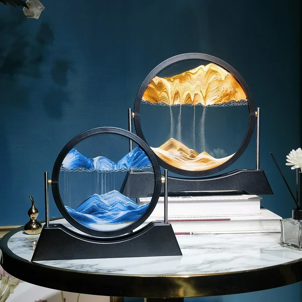 تدوير Sandscape تتحرك الرمال صورة فنية تتدفق الرمال اللوحة الزجاج المستديرة الرمال المتحركة ثلاثية الأبعاد الساعة الرملية مكتب ديكور المنزل الهدايا