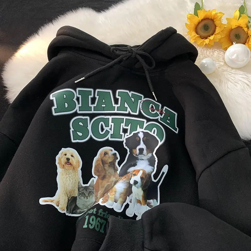 2022 High Street Designer Cute Cats Dogs Print Hoodie Sweatshirt Women Apricot Winter Pullover Japan Kawaii Y2K K Pop Clothes