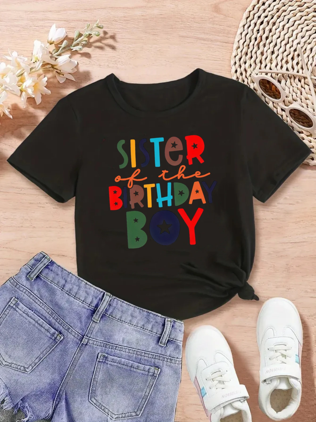 

Sister Of The Birthday Boy Letter Printed T Shirt Girls Birthday Party T-Shirt Kawaii Kids Clothes Summer Short Sleeve Shirt