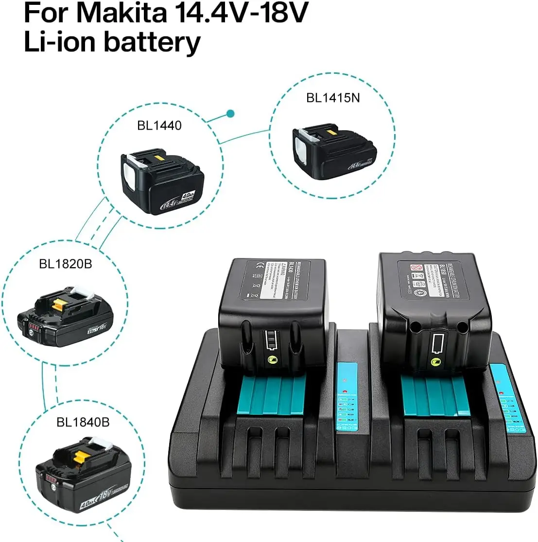 2 منافذ بديلة لبطارية ماكيتا 14.4 فولت 18 فولت DC18RD متوافقة مع شاحن سريع لمنشار الحفر الأصلي