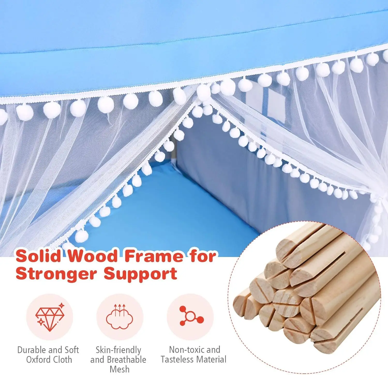 Tente de jeu pour enfants, grande maison de jeu avec tapis lavable, fenêtres, cadre en bois massif, tente de princesse intérieure et extérieure pour enfants garçons et filles