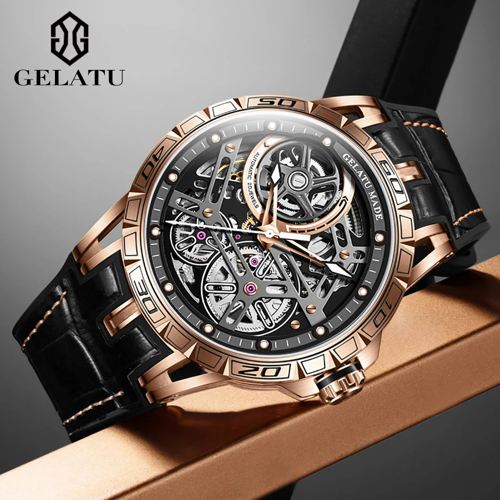 GEALTU 6015 Automatic Mechanical Men's Watch Original Rubber Leather Strap Hollow out Luxurious Watches