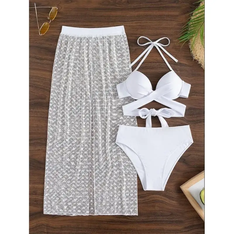 X5XA Womens Swimwear Halter Neck Bikinis Top High Waist Bottom, Mesh Beach Wrap Dress