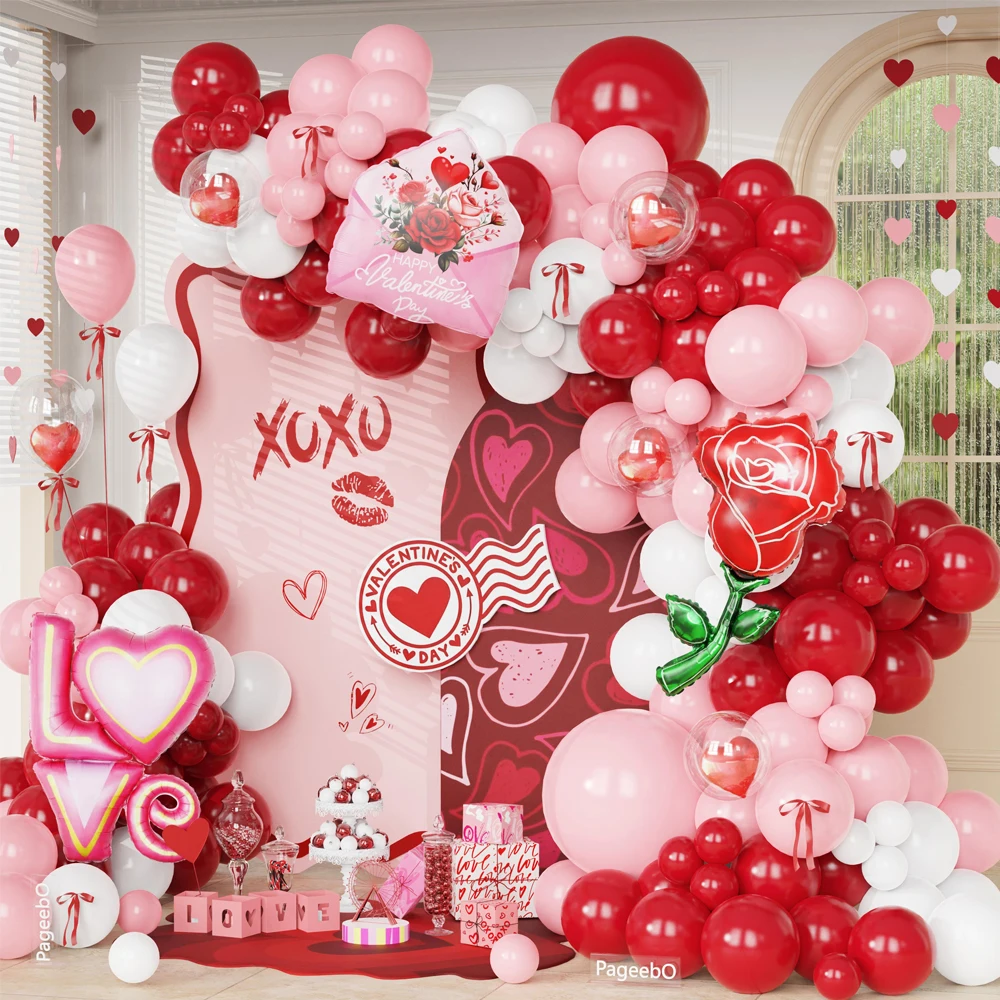 113pcs Burgundy Pink Valentine's Day Balloon Garland Kit LOVE Rose Envelope Foil Balloon Wedding Bridal Anniversary Birthday Dec