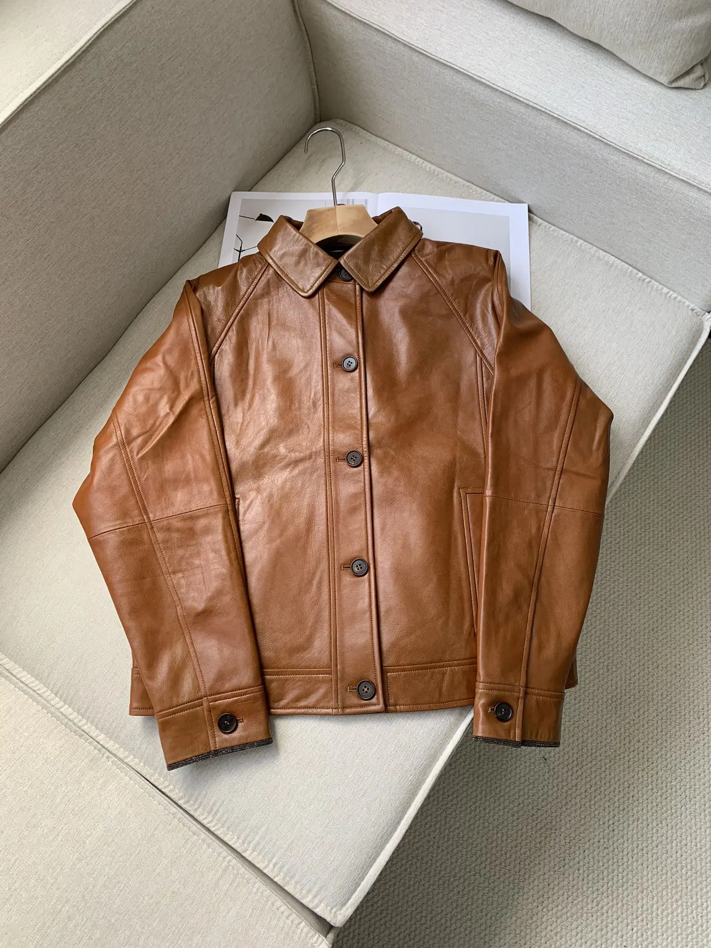 Manteau en Cuir pour Femme, 2024 Laine, Perle, Col Rabattu, Simple Boutonnage, Veste Décontractée à Manches sulf, Nouvelle Collection Automne Hiver 100%