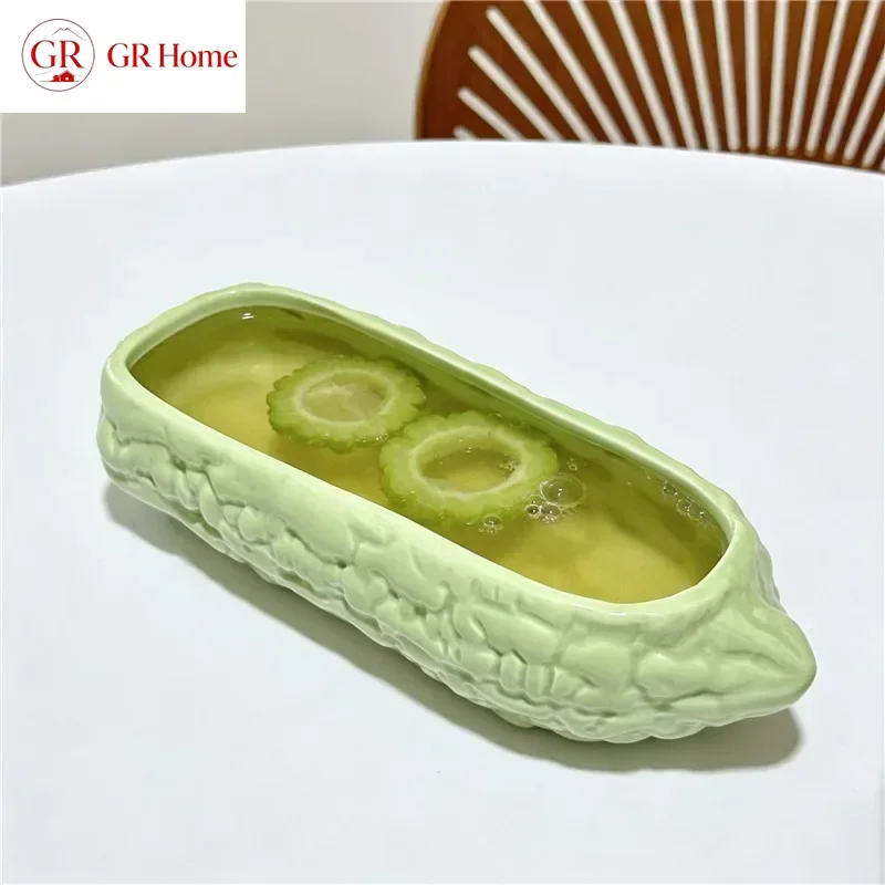 Creative Bitter Gourd Shaped Ceramic Bowl, Unique Vegetable Style Dessert Fruit Dish for Salad Yogurt, Novel Kitchen Tableware