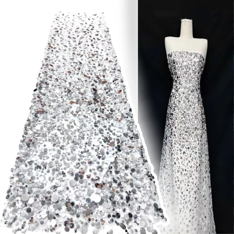 

Madison-African White 3D Sequins Lace Fabric, French Net, Nigerian Embroidery, Luxury Bridal Wedding, High Quality, 2025 AH1239