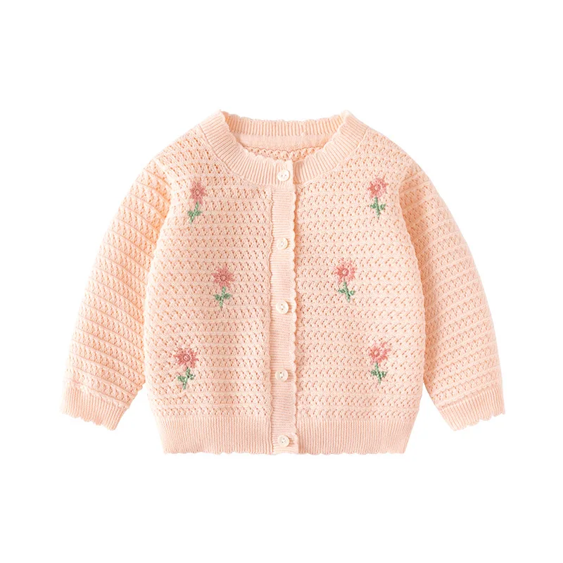 UNITIM Ins Autumn Toddler Girls Knitted Tops Floral Embroidery Hollow Little Girls Knitwear Long Sleeeve Baby Girl Thin Coat