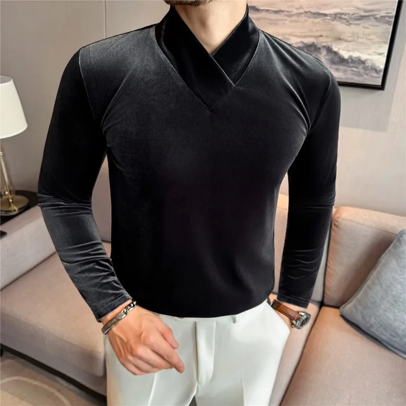 Men V-neck Velvet T-shirt Warm Thickened Autumn Winter Solid Casual Long Sleeve High Elasticity Slim Fit T-shirt Men Clothing