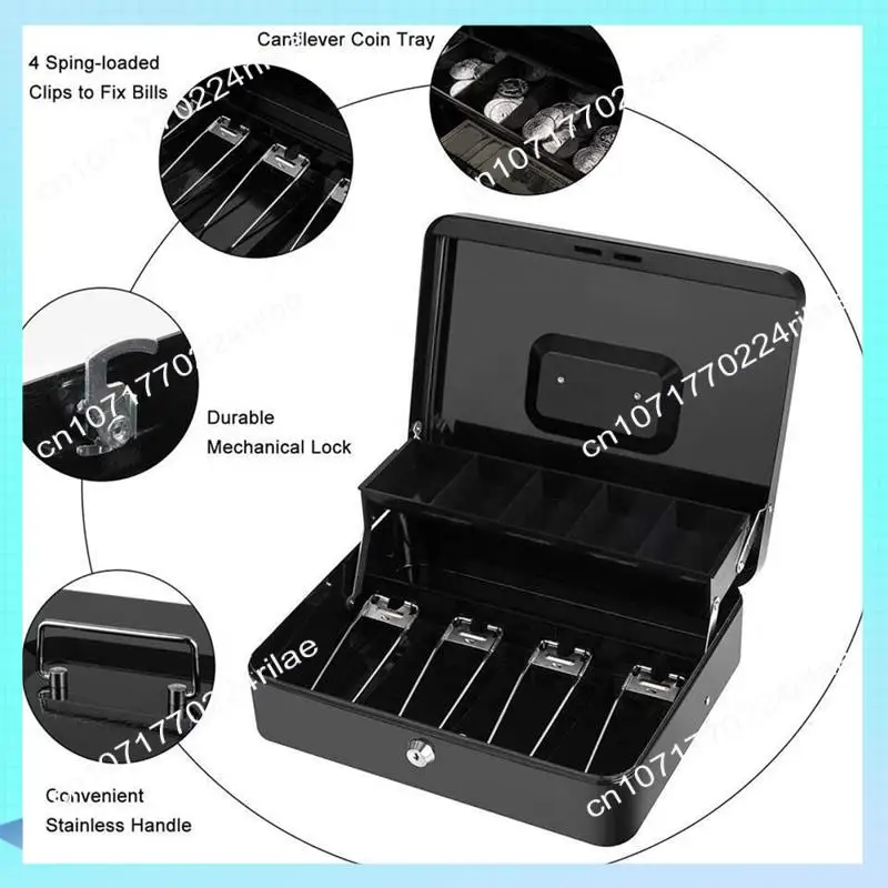 A17Z Cash Box Metal Cash Box With Tray And Key Lock, Tiered Locking Cash Box, Durable Lock Safe With 4 Bills, 5 Coin Slots