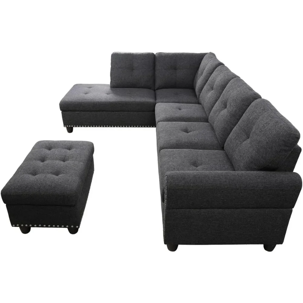 Living Room Sofa With Storage Ottoman Set,Left Chaise Longue,2 Cup Holders,2 Pillows,Furniture Fabric Partition Couch