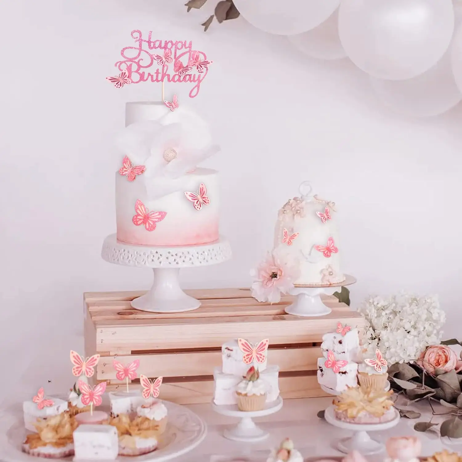 13-teiliger 3D-Schmetterlings-Cupcake-Topper für Mädchen und Frauen, alles Gute zum Geburtstag, Kuchendekorationen, Partydekorationen (Rosa) – Detail 4