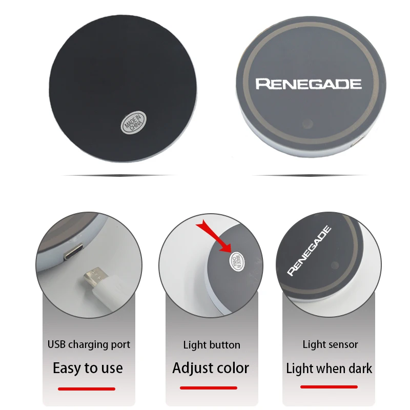 Luminous LED Car Cup Holder Coaster for Jeep Renegade 7 Colors Changing USB Charging Vibration Sensor Anti Slip Pad Custom Logo