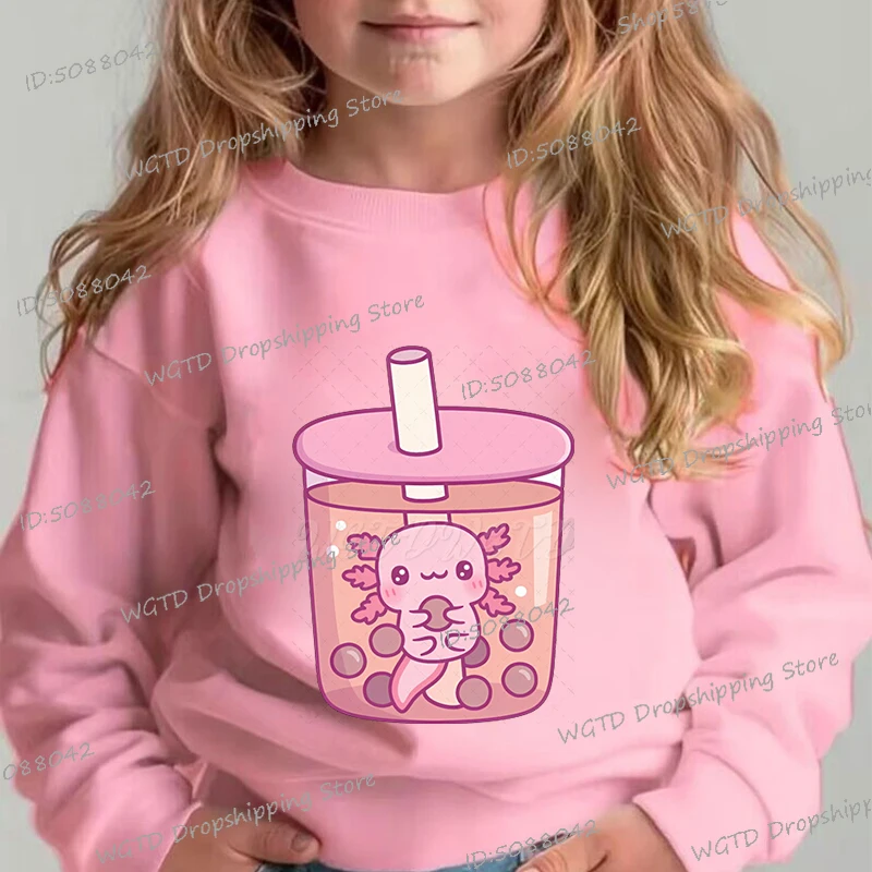 Fashion Axolotl Loves Eating Pizza Sweatshirt Boys Girls Spring Tops Cartoon Axolotl Graphic Long Sleeve Pullover Y2K Sportswear