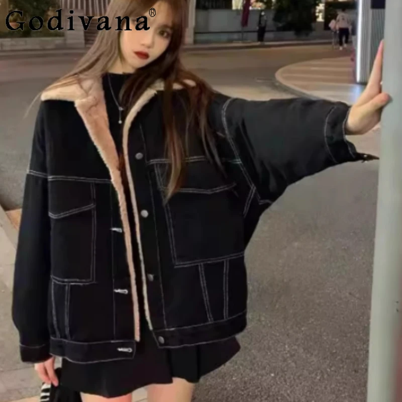 

Autumn Winter Large Size Velvet Thickened Women Denim Jacket Versatile College Turn-down Collar Korean Simple Age-reducing Top