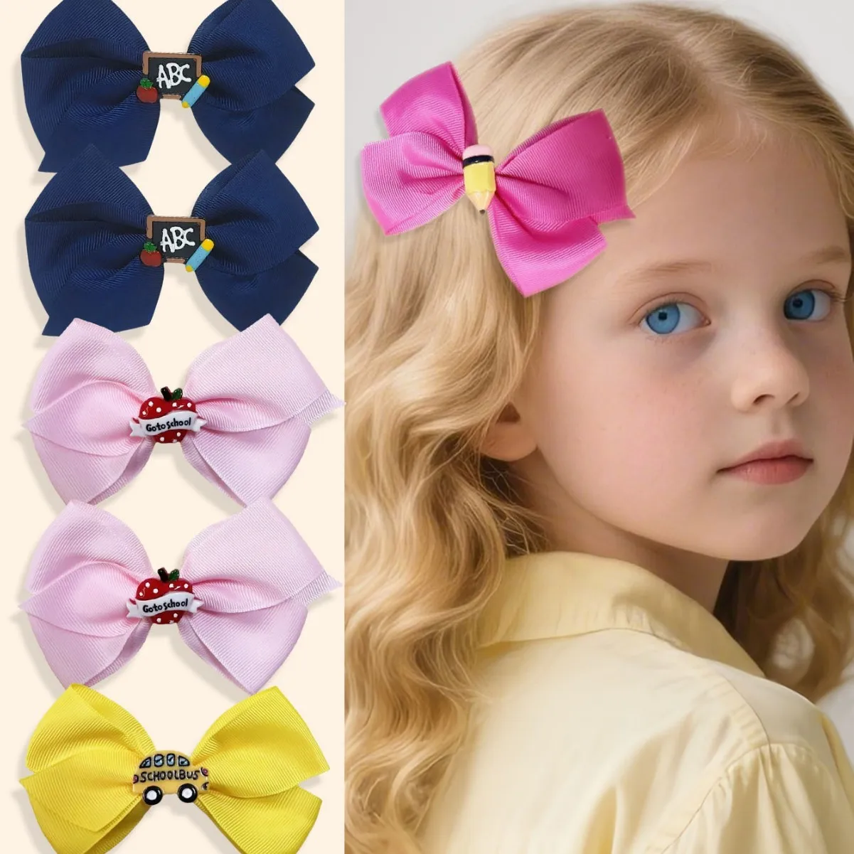 

60pc Baby Hair Clips Pencil Print Bus & Apple Charm Crayon Bow Barrettes Hairpins for Kids Back to School Hair Accessories Bulk