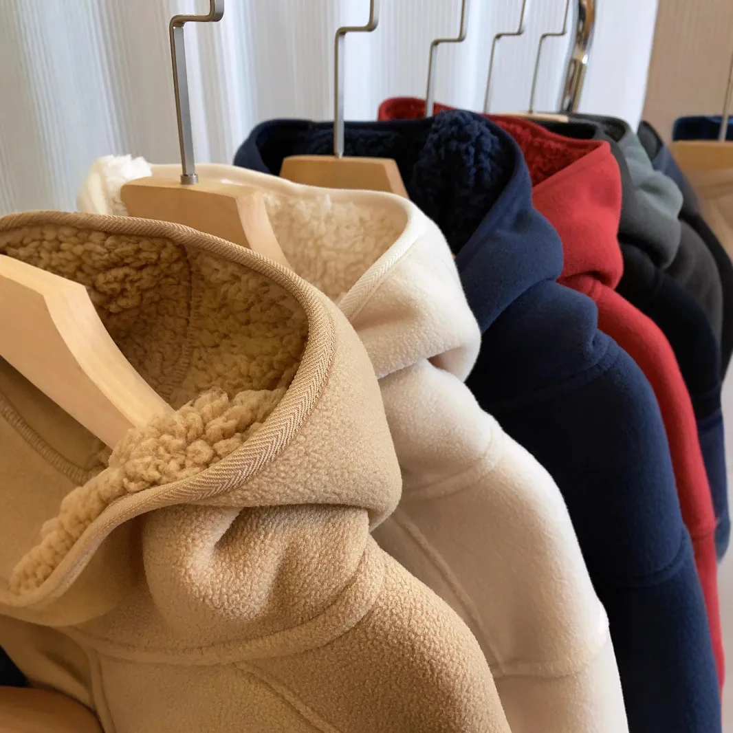 2026 Damen Fleece-Hoodies Frühling Sweatshirts mit Reißverschlusstaschen Lange Ärmel Kapuze Dick Locker Y2k Casual Büro-Dame Herbst Winter
