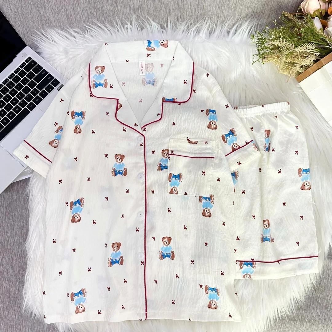 

Cute Summer White Bear Print Pajamas for Women Home Wear Set Lapel Short-sleeved Shirts Short Pants Shorts Sleepwear Easter Gift