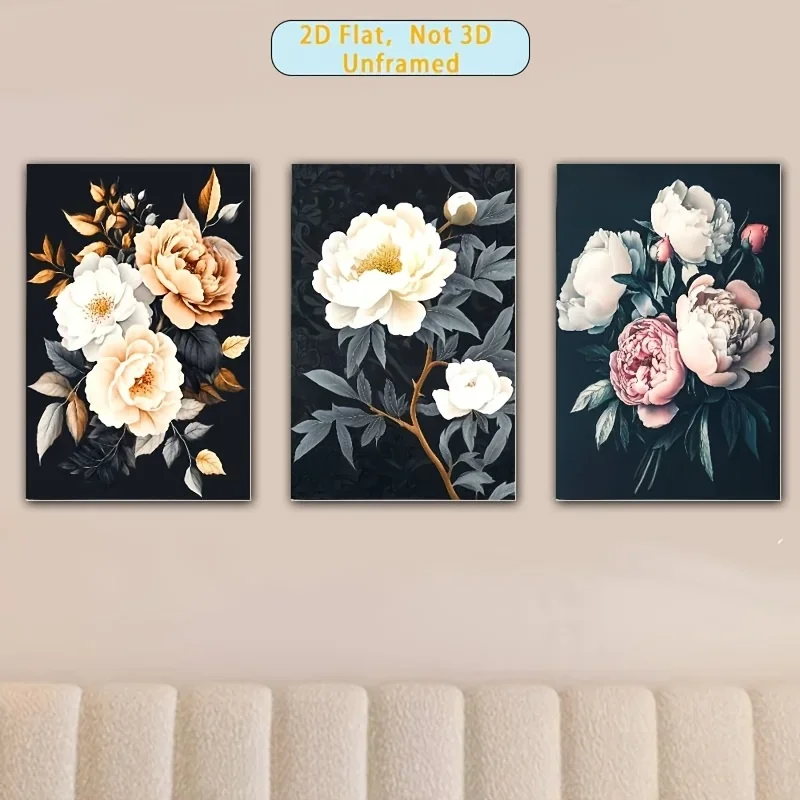 2D Flat, 2D Flat, 3pcs Set, 2D Flat Printing, Frameless Poster Wall Art, with Retro Floral Canvas Wall Art, And, Suitable for