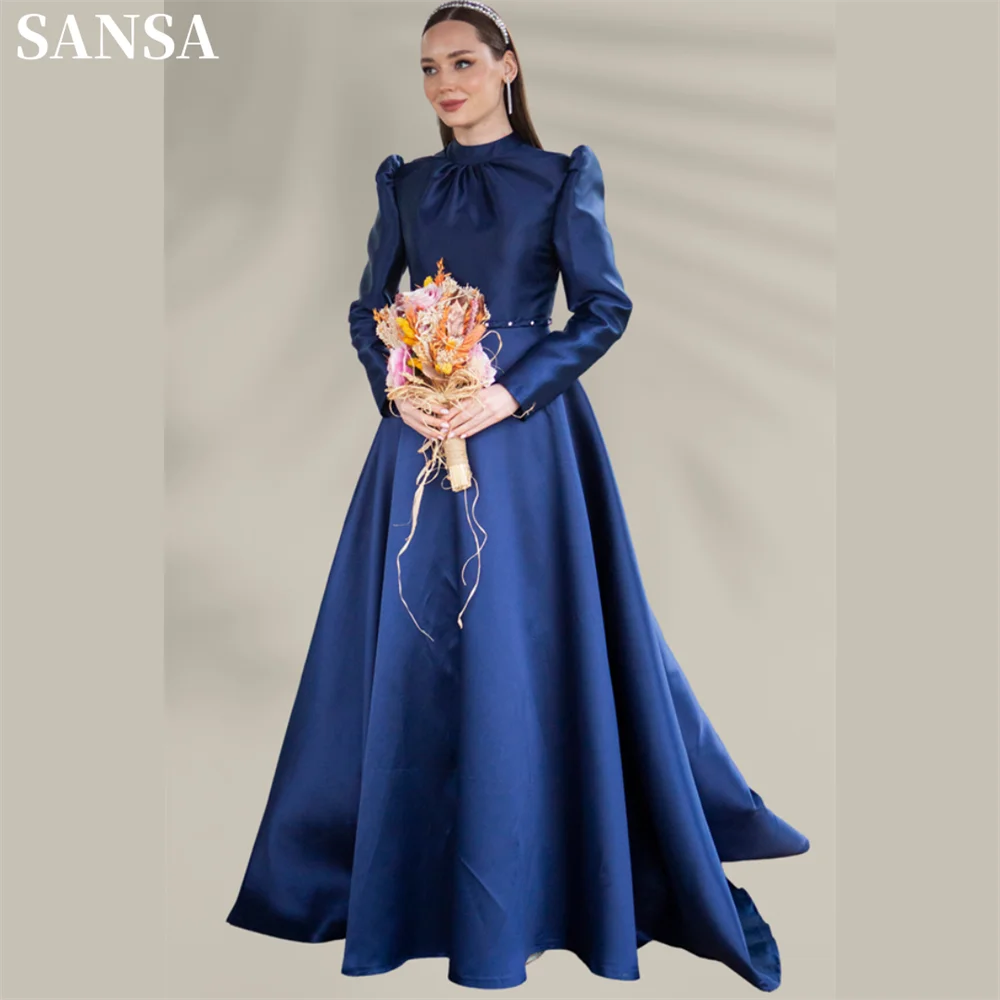 

Sansa Muslim High Neck A-line Wedding Dress Shoulder Pad Long Sleeves فستان حفلات الزفاف Empire Waist Satin robes de soirée