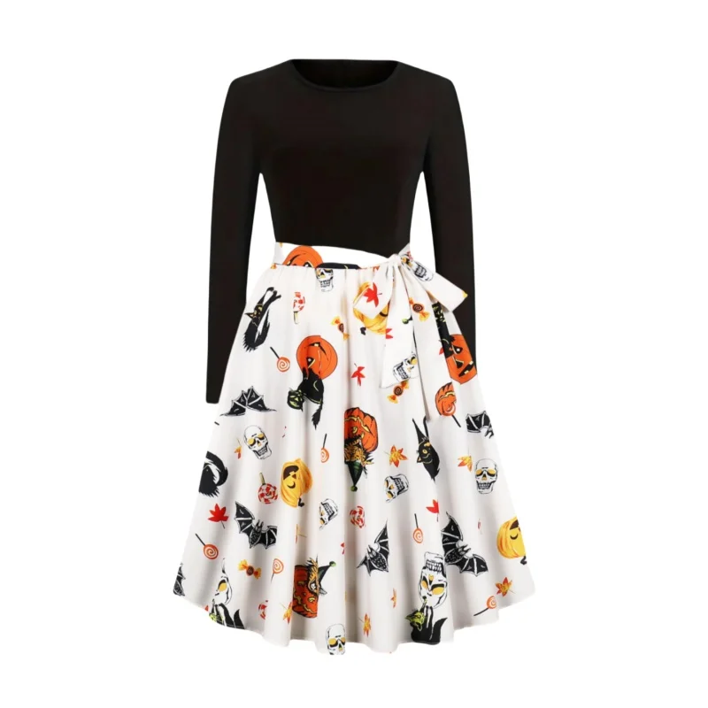 

Halloween printed dress 2024 autumn/winter new elegant belt design slimming long sleeved dress