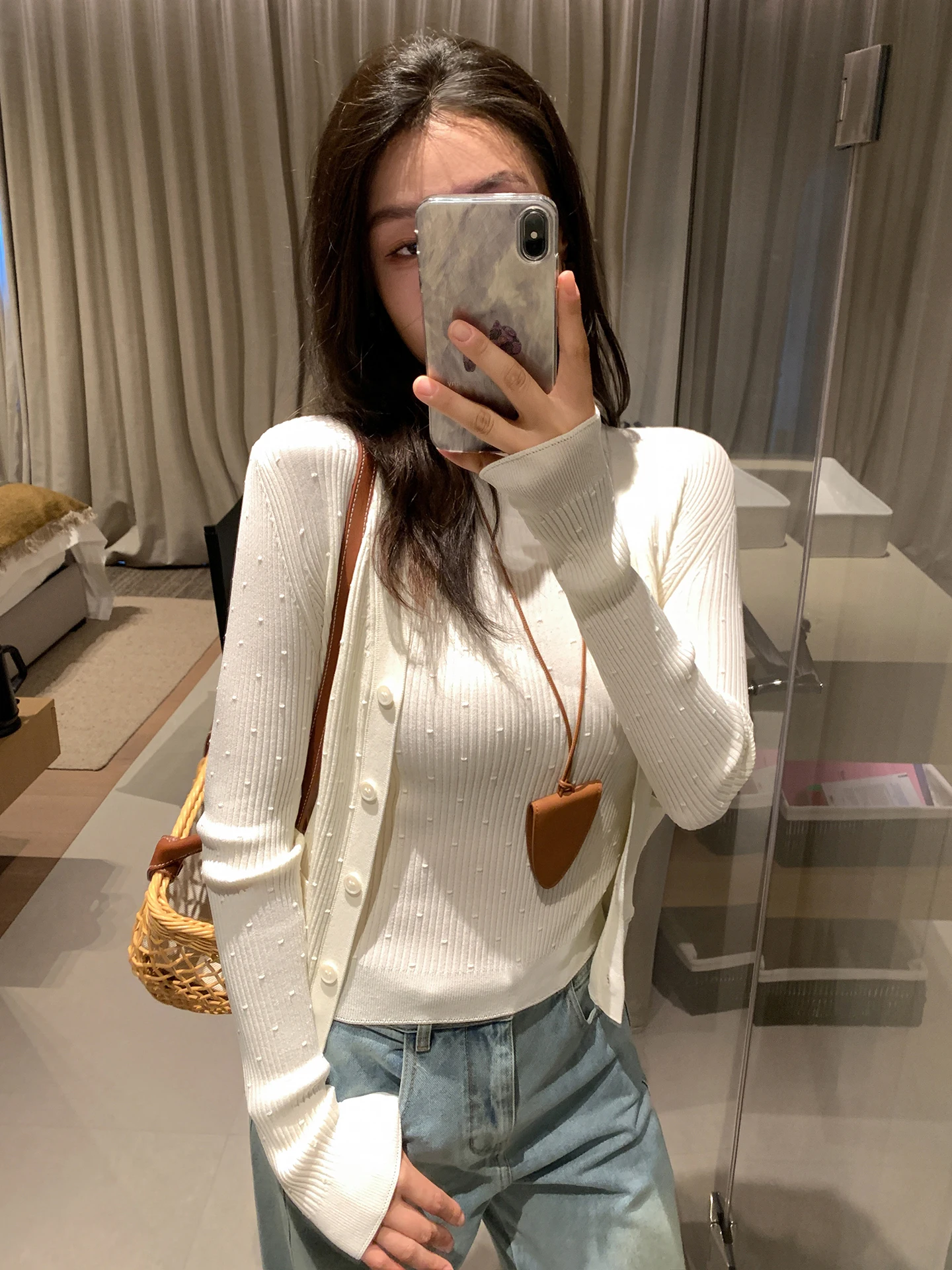 

Slim Fit Knitted Open Cardigan Top without Sves Women's Two-Piece Set Spring New Sle Soft V-Ne Button Detail Casual Wear