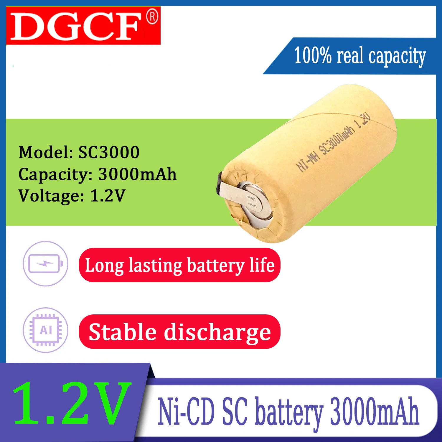 

1.2V 3000mAh high-capacity Ni-CD SC Rechargeable battery for Vacuum cleaner Sweeper Drone Electric drill battery +nickel sheet