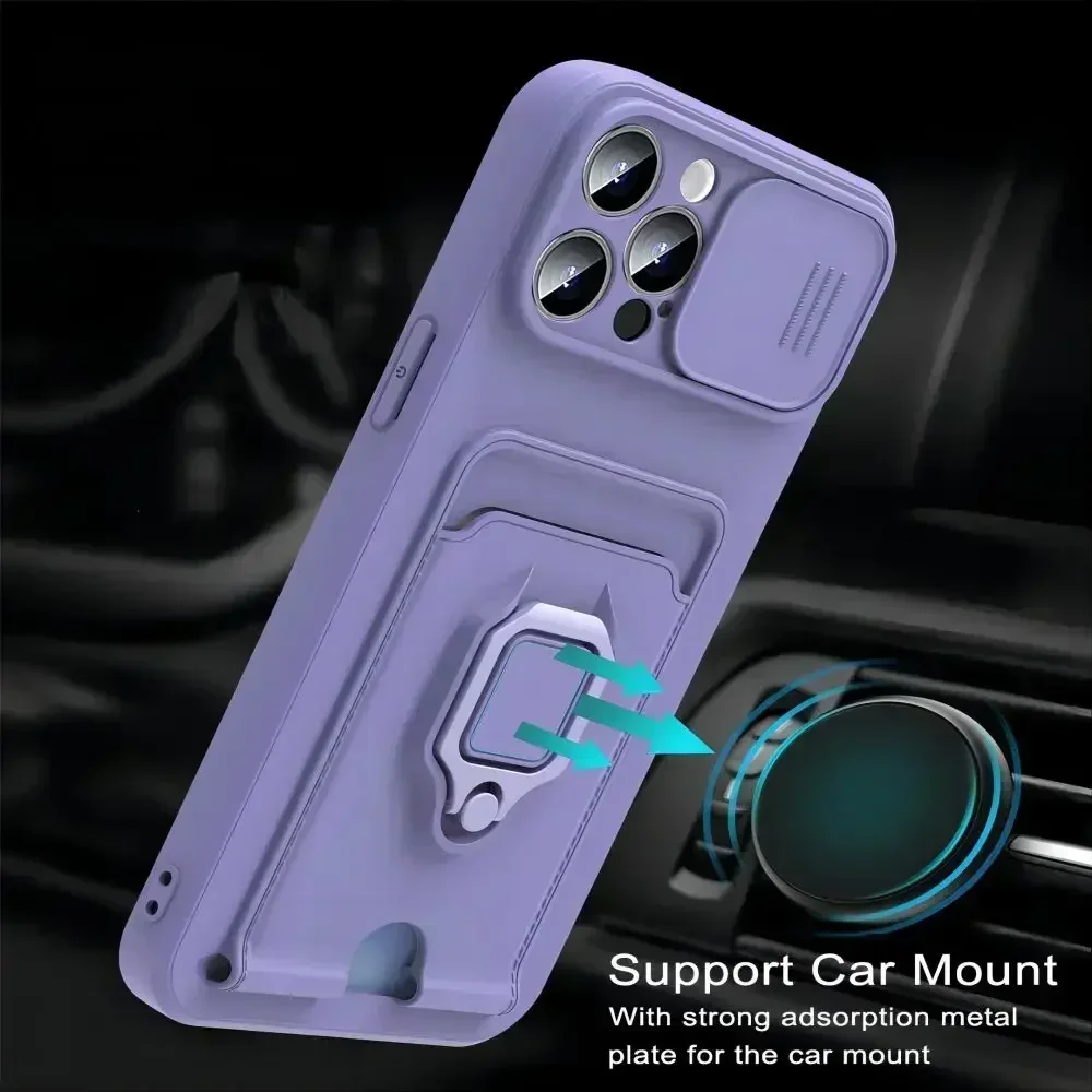 Funda de TPU para cámara deslizante para iPhone 16 15 11 12 13 14 Pro Max XS X XR 8 7 6S Plus, funda de silicona con ranuras para tarjetas y armadura a prueba de golpes