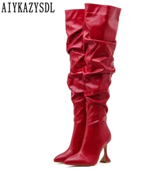 AIYKAZYSDLPleated Boots Modern Women Autumn Over The Knee Thigh High Boots Strange Heel Dance Dress Shoes Long Bootie 40 41 42