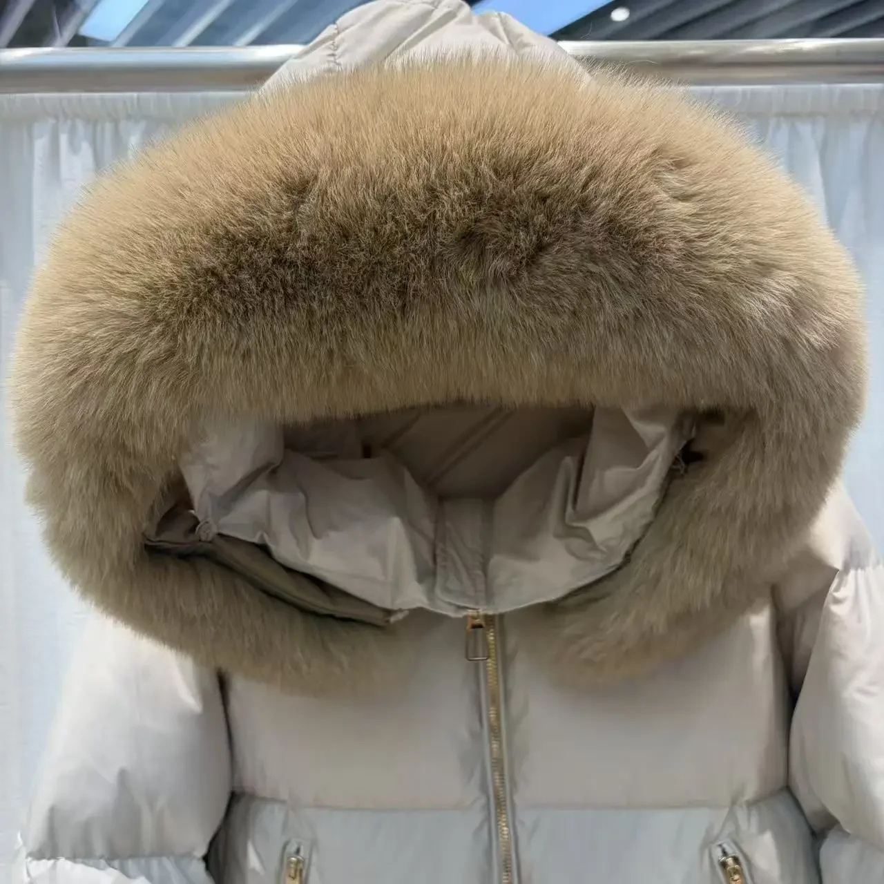 OFTBUY Damen-Daunenmäntel und Parkas mit echtem Fuchspelzkragen, Wintermode, warm, dick, schmal geschnitten, mit Reißverschluss, Damen-Parkas mit Kapuze – Detail 6