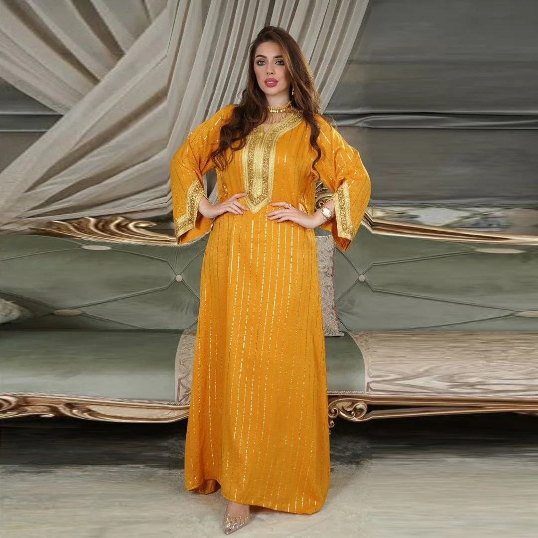 Gold Stamp Jalabiya Kaftan Abaya Dress for Women Dubai Casual Modest Robe Muslim Arab Moroccan Caftan Party Islamic Dress Robe